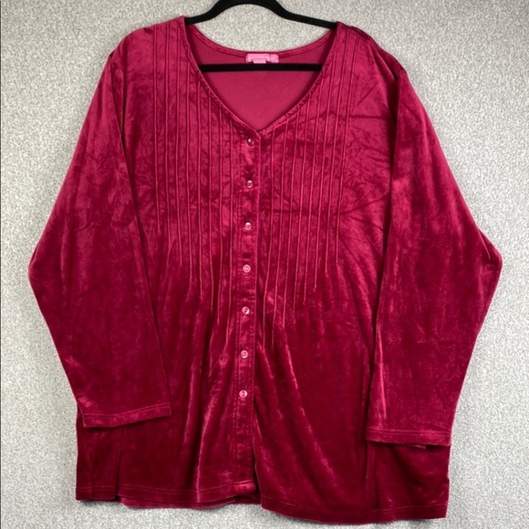 Woman Within velvet button down soft stretchy pintuck pleats 1X cranberry 22-24 - Picture 1 of 8